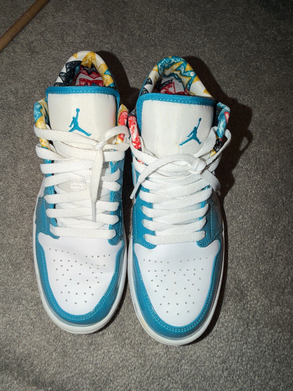 Jordan Sneakers in Teal and White with Multicolor Inner Lining